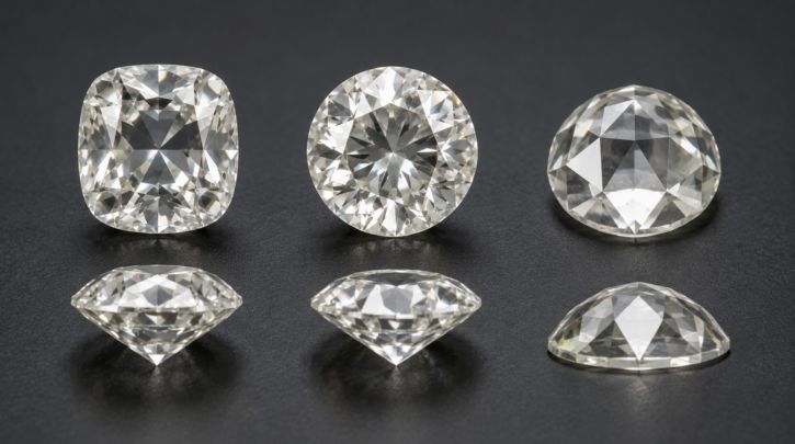 Illustration comparing Old Mine, Old European, and Rose cut diamond silhouettes