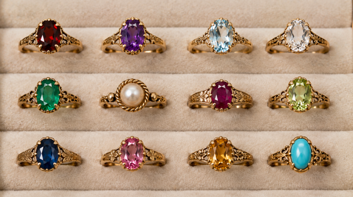 Illustration of a collection of vintage birthstone rings representing each month