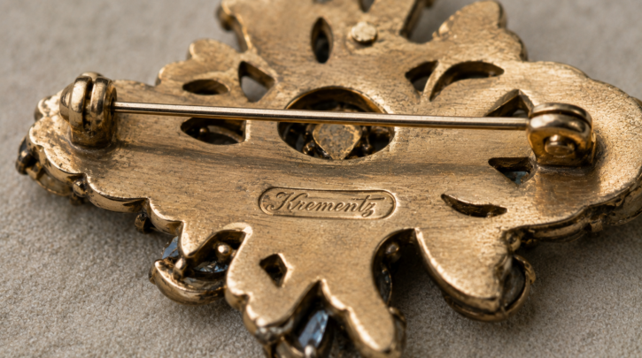 Illustration of a maker's signature stamped on a vintage costume jewelry clasp