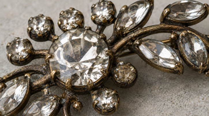 Illustration of foil-backed rhinestones prong-set into quality vintage costume jewelry
