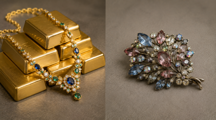 Illustration contrasting fine jewelry's melt-value floor against costume jewelry having none