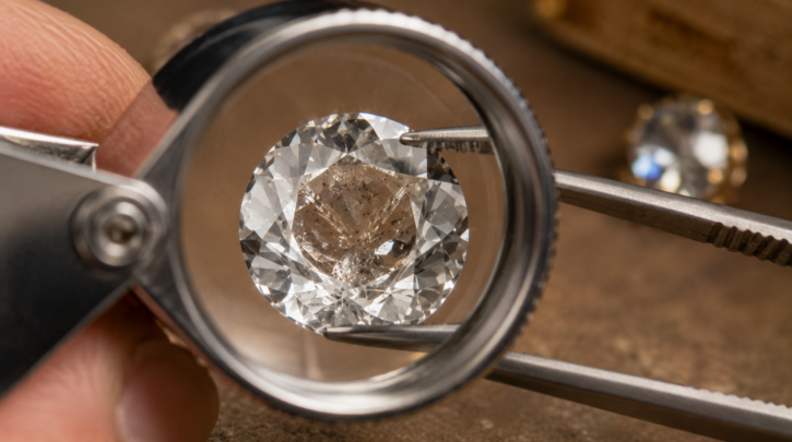 Illustration of examining a gemstone's natural inclusions under a jeweler's loupe