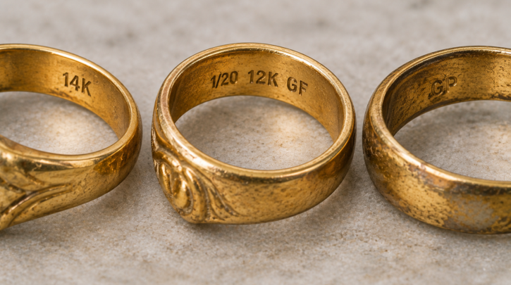 Illustration comparing solid gold, gold-filled, and gold-plated jewelry marks
