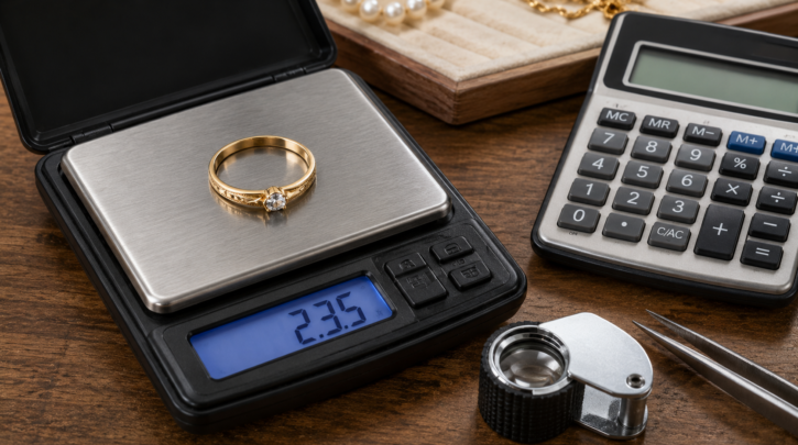 Illustration of weighing a gold ring to calculate its melt value