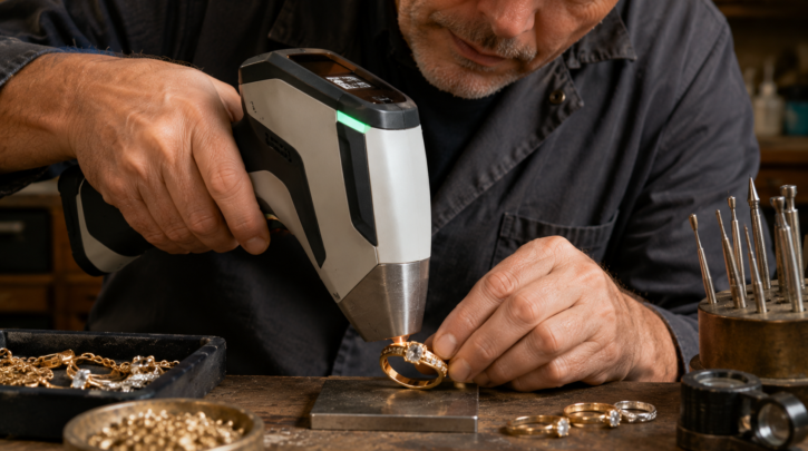 Illustration of a jeweler using an XRF device to test gold composition