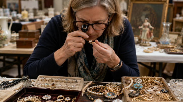 Illustration of inspecting a ring's interior stamp with a loupe at an estate sale