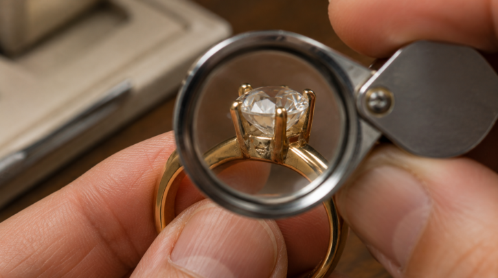 Illustration of inspecting a ring setting's prongs for signs of a stone swap