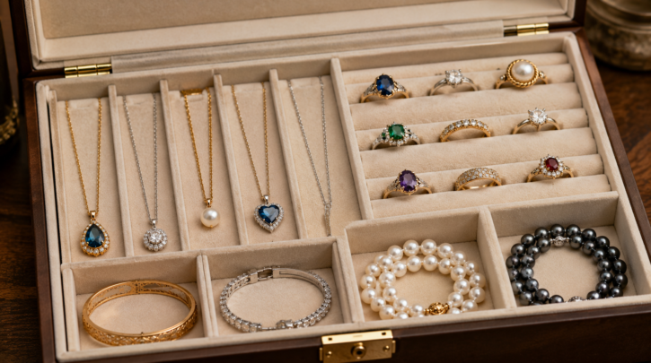 Illustration of jewelry organized in separate compartments to prevent scratching and tangling