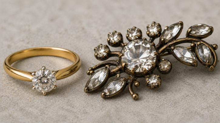 Illustration comparing fine jewelry against well-made vintage costume jewelry