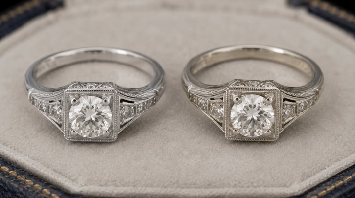 Illustration comparing a platinum ring against a white gold ring