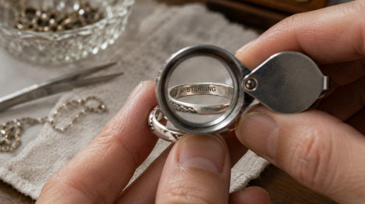 Illustration of using a jeweler's loupe to read a tiny sterling silver mark