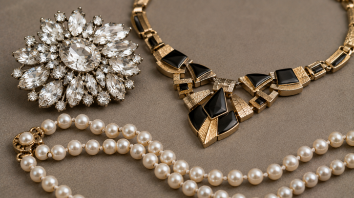 Illustration representing three distinct signed costume jewelry maker specialties